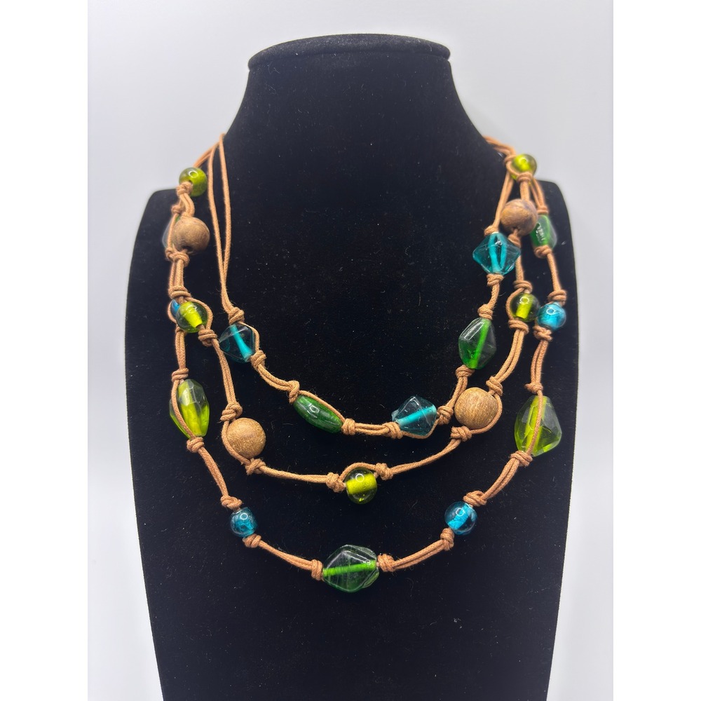 Boho Multi‎ Strand Layered Cord Necklace Green Teal Glass Wood Beads 15 Inch